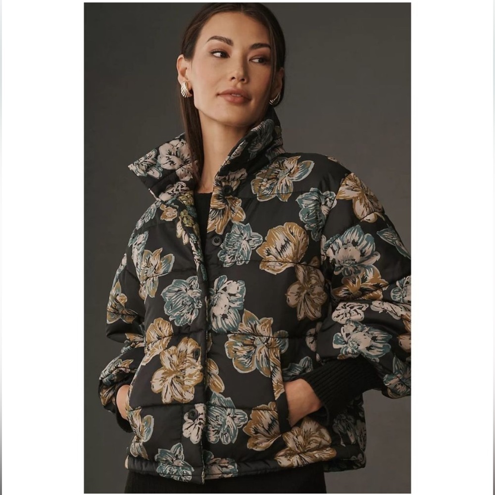 Anthropologie Black Floral Puffer Jacket with Mustard & Teal Flowers